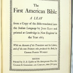 The First American Bible ; A Leaf From a Copy of the Bible Translated into the Indian Language by John Eliot and Printed at Cambridge in New England in the Year 1663. Title page