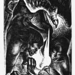 Christmas card with woodcut print by Lynd Ward. Close up of illustration.