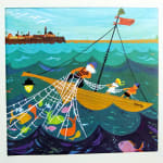 Israeli Painters' Playroom Pictures. Interior page illustration of children fishing with older man.