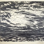 "Ruhiges Meer hinter Hügelküste, darüber grosse Lichterscheinung" by Gustav Wolf. Print.