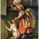 Touch and Go. A Book of Transformation Pictures by Fred E. Weatherly. Moving page woman looking in cupboard with dog.