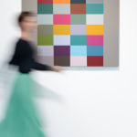 Jon Groom | YANTRA PAINTING #6, 2024 | Acrylic on panel | 120 x 90 x 4 cm - installation view with person walking by at PULPO GALLERY