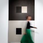 Jon Groom | EVIDENCE Painting #2, 1991 | Acrylic on wooden panel | 250 x 150 x 5 cm with person walking by