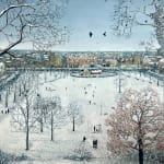 Oil on canvas painting of a snowy metropolitan city park from above by British painter Emma Haworth represented by Rebecca Hossack Art Gallery.