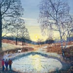 Oil on canvas painting of a lake with the sun illuminating it with deer and people by British painter Emma Haworth represented by Rebecca Hossack Art Gallery.