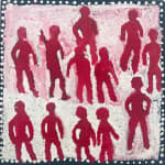 Motorbike Paddy Ngale aboriginal Australian painting of crimson figures with black patterned border, Emily Kam Kngwarray, Rebecca Hossack Gallery London, Tate, Utopia, Utopia Artist, Aboriginal artist,