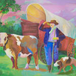 Colorful painting by John Holcomb featuring a man, his dog and his cow , available at the Rebecca Hossack Art Gallery