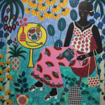 hand embroidery, beadwork, acrylic and collage on canvas by Carla Kranendonk of woman in African traditional clothes sitting in a colorful garden next to yellow coffee table availalble at Rebecca Hossack Art Gallery
