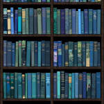 Conceptual blue bookshelf print containing titles related to aquatic life by acclaimed British artist Phil Shaw represented by Rebecca Hossack Art Gallery.