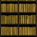 Bookshelf print containing gold book covers with the word gold in the various titles by acclaimed British artist Phil Shaw represented by Rebecca Hossack Art Gallery.