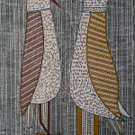 A decorative painting of two birds facing each other by Aboriginal-Australian artist Janice Murray entitled Tokwampini, the bird