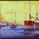 Tilemachos Kyriazatis greek artist painting bright colourful ships in harbors scenery open sea in oil paint on canvas