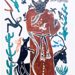 Saint Francisco with wildlife - coloured woodcut on paper by José Borges, represented by Rebecca Hossack Gallery.