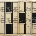 Marinda Vandenheede, Oxygen - Reclaimed Pattern 1, 2022 (without clips), Ink, thread on reclaimed cardboard punch cards, 37 x 42 cm, 14 5/8 x 16 1/2 in. (Unframed) Bulldog clips included.