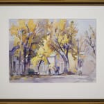 A framed photo of "Village in Autumn," a 1944 watercolour by Tom Roberts, depicts a quaint village scene during the fall season.