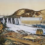 Sandy depiction of a dam surrounded by sandy hills