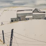 "Nestled in the Hills, 1969" by John Kasyn is an artwork that captures the stark beauty of a rural winter landscape. The composition features a series of farm buildings nestled against a backdrop of rolling hills.