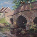 Painting of children looking over a bridge into a river