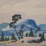 The central focus is a snow-covered landscape under a vast, open sky. A distinctive feature of this painting is the stylized, windswept pine tree in the foreground, its branches bent from the persistent winds, typical of trees at high altitudes or in exposed areas.⁠