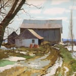 Painting of Franklin Arbuckle Barnyard Lane featuring a barn, trees, and a dirt road in a late winter scene.