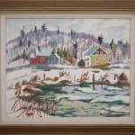 A framed photo of "End of Winter, Masham, Quebec" by Henri Masson, circa 1975, portrays a tranquil rural scene during the transition from winter to spring. Masson's work is known for its vibrant depiction of Canadian landscapes, and this painting is a beautiful example of his style.
