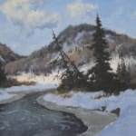 Winter scene with a frozen river and pine trees