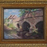 Framed Henri Beau Children on the bridge painting