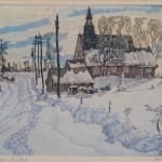 A snow-covered road takes the viewer into the composition, leading to a church or chapel with a prominent spire, which is a central feature of the image.