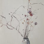 A painting of thin branches and flowers in a vase on a white background
