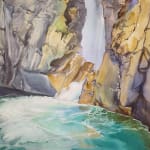 The painting is characterized by its vibrant depiction of the water's motion and the rugged textures of the canyon walls.