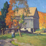 Painting of barn with two people in a fall scenery