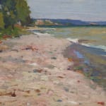 Painting of lake shore with minimal greenery