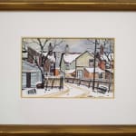 A Framed water colour: The muted palette of grays, soft blues, and warm browns creates a symphony of contrasts. The snow-covered landscape, with its tranquil blanket, contrasts beautifully with the brick houses, which seem to emanate warmth and shelter from the cold. The footprints in the snow and the slightly askew trash can hint at life and activity, a testament to the silent stories the lane could tell.