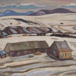 a painting of a house and barn in a snowy landscape