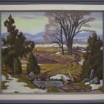A framed photo of "Winter Near Wilberforce, 1950" by Frederick Stanley Haines is a depiction of a late winter scene, where the snow is beginning to give way to the underlying landscape.