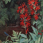 "Cardinal Flowers," created in 1937. The painting features a vibrant and detailed depiction of cardinal flowers