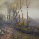 Painting of a sheep walking down a misty dirt road lined by bare trees