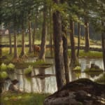 "Solitude" by William Raphael presents a serene woodland scene, inviting contemplation and a sense of peaceful isolation. The painting is defined by its tall, slender trees that rise prominently, their trunks leading the eye to the canopy and the soft, diffused light filtering through the leaves.