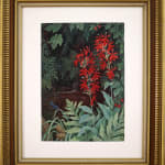 Framed photo of "Cardinal Flowers," created in 1937. The painting features a vibrant and detailed depiction of cardinal flowers