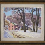 A photo of this art framed: A snowy road leading to a pink-ish brick house, oil painting
