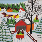 A childish painting of Horse-drawn Sleighs and Covered Bridge by Maud Lewis