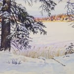 The painting presents a view through a foreground of evergreen trees heavy with snow, their branches drooping under the weight. The trees frame a frozen body of water, possibly a lake or river, which reflects the soft pastel colors of the winter sky. The distant shoreline is dotted with warm hues of winter foliage, creating a sense of depth and contrast against the snow-covered ground.