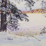 The painting presents a view through a foreground of evergreen trees heavy with snow, their branches drooping under the weight. The trees frame a frozen body of water, possibly a lake or river, which reflects the soft pastel colors of the winter sky. The distant shoreline is dotted with warm hues of winter foliage, creating a sense of depth and contrast against the snow-covered ground.