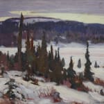 Painting of a winter scene in a woodsy park