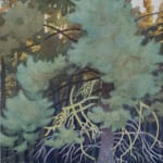 The painting "Saskatchewan Shade" by Ernest Lindner, circa 1940, portrays a serene woodland scene.