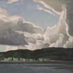 An exquisite artwork showcasing clouds gracefully hovering over water and trees.