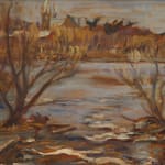 A picturesque painting depicting a river meandering through a landscape adorned with trees and rocks.