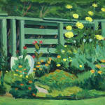Green garden painting with pops of red and yellow from flowers