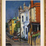 Painting of multi coloured houses in a city street view with frame