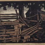 In Hutchinson's "The Water Hole," the composition features a rural scene with a strong contrast between the dark and light areas, which is typical of woodcut prints due to the nature of the technique.